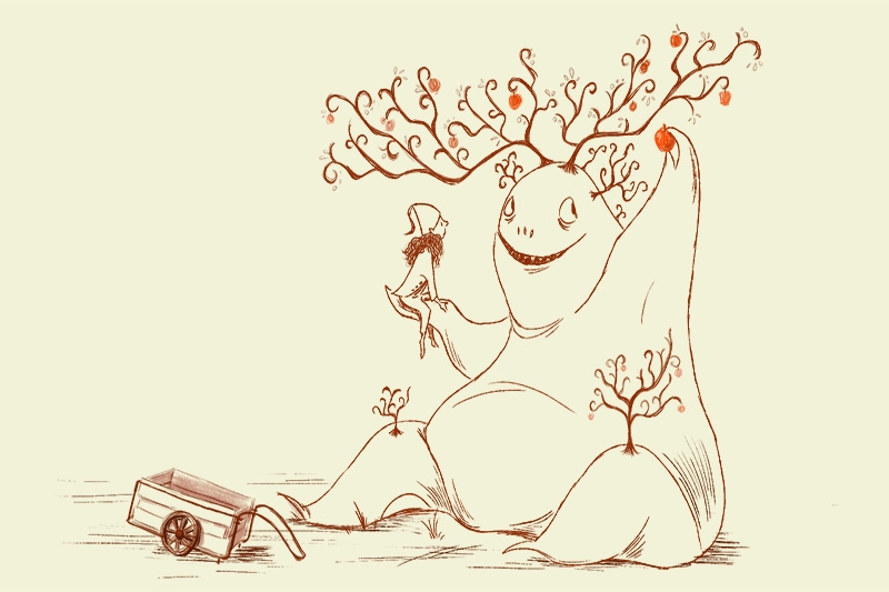 Animation of a tree character holding up a person