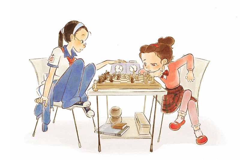 Animation of two characters competing in a chess match