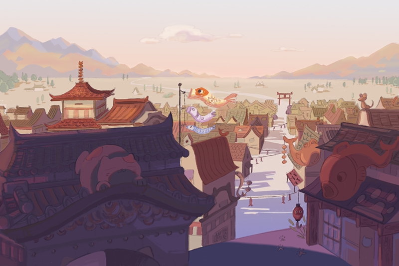 Animation of a rooftop view overlooking other buildings and mountains in the background