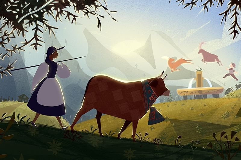 Animation of a character with an animal walking through grass