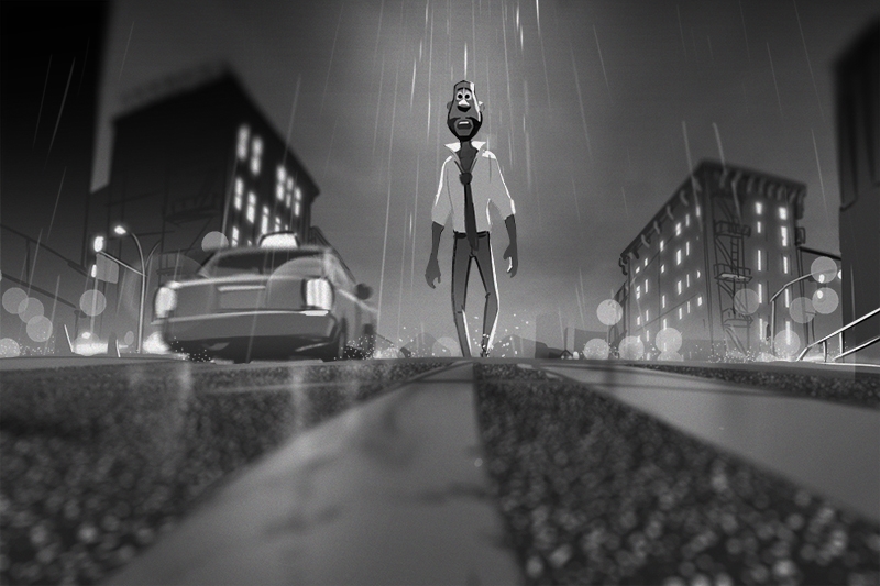 Black and white animation of a character walking down a city street during the rain