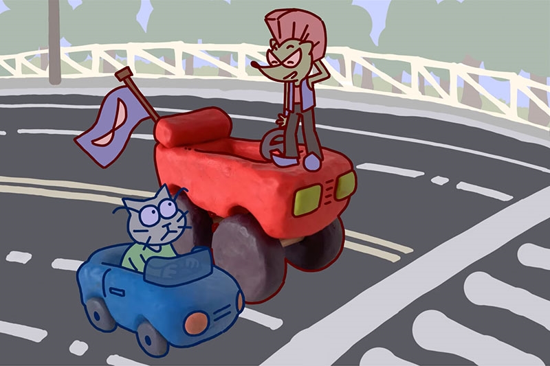 Animation of two animal characters driving cars on a road