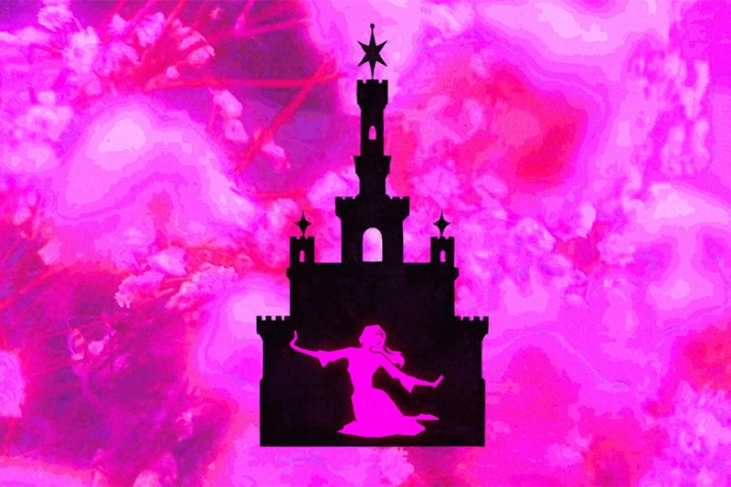 Animation of the outline of a castle with a pink character in front of it