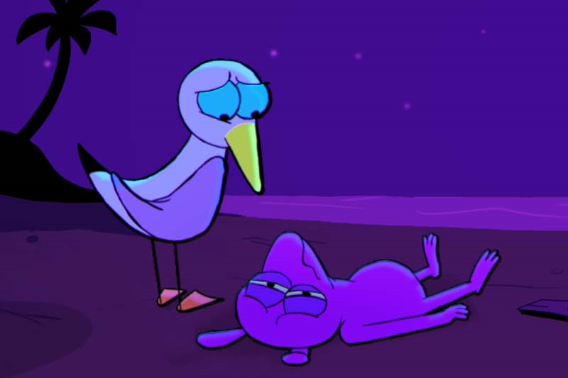 Animation of two animal characters on a beach at night