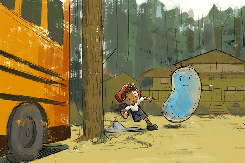 Animation of two characters next to a schoolbus in the forest