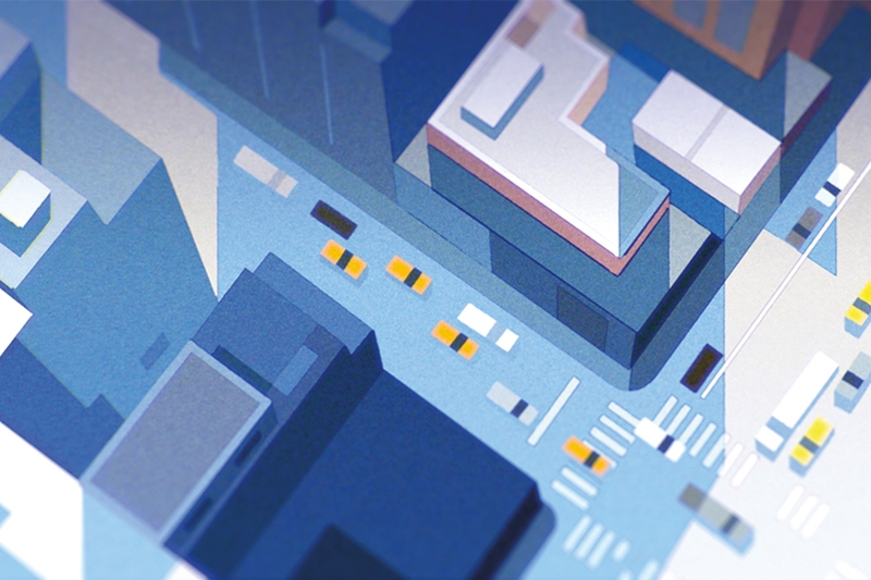 Animation of a birdseye view of traffic on a busy city street