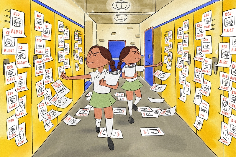 Animation of two characters posting several notices on lockers