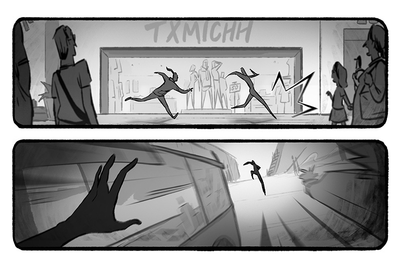 Black and white animation of two characters in a chase, shown from multiple perspectives