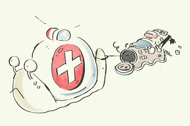 Animation of a snail medic character pulling an injured character with their tail