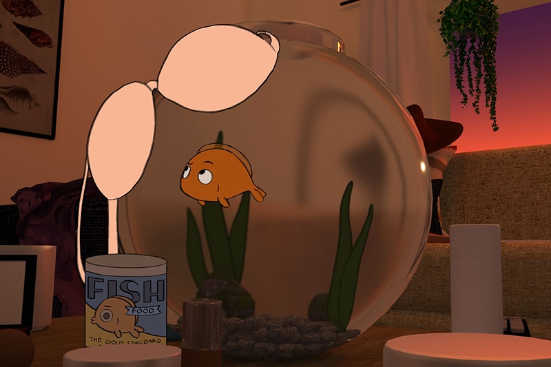 Animation of a fish in a fishbowl with a bra on top of it