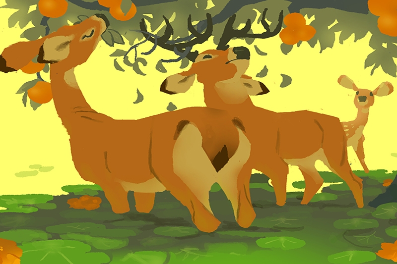 Animation of three deer, enjoying a fruit tree