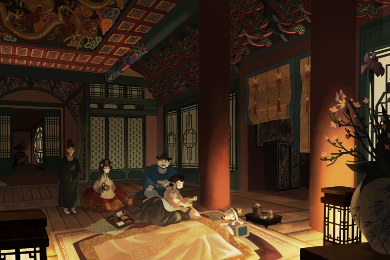 Several animated characters in a colorful room helping a sick character