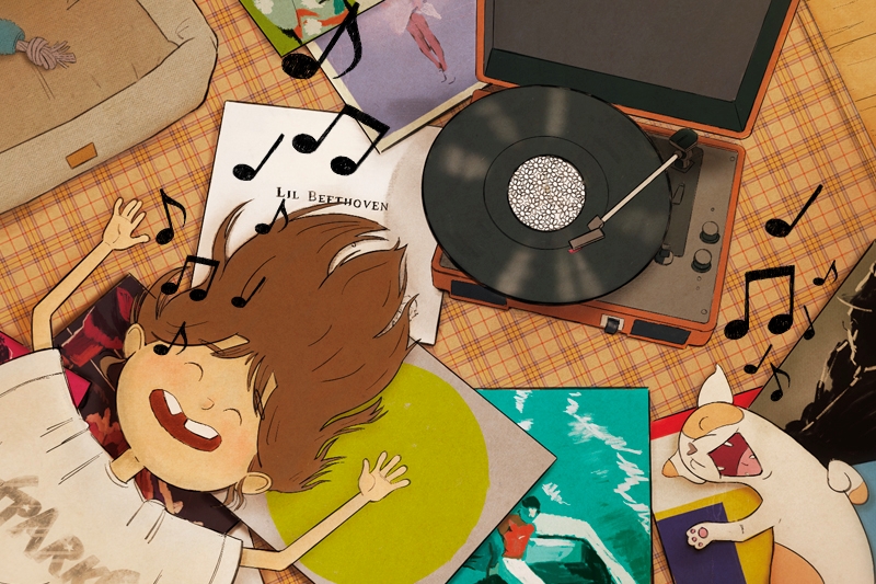 Animation of a character listening to a record player