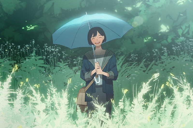 Animation of a character with an umbrella in a field of grass and flowers