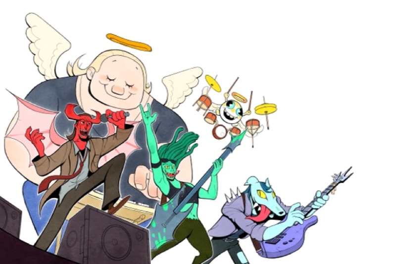 Several animated characters in a band together performing in a band