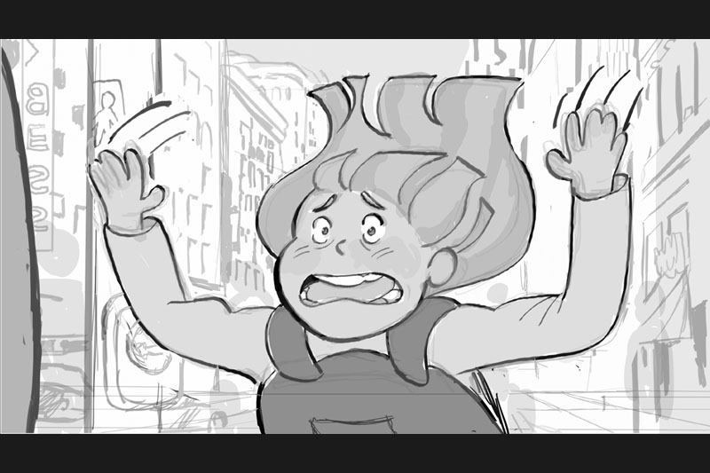 Black and white animation of someone holding up their arms while on a street