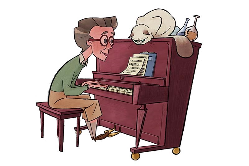 Animated character playing the piano with their cat on top of it