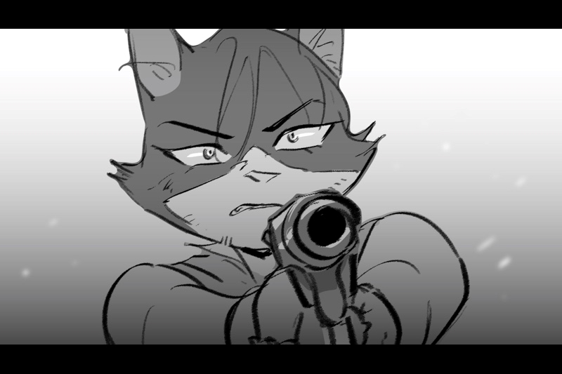 Black and white animation of an animal character holding some type of weapon