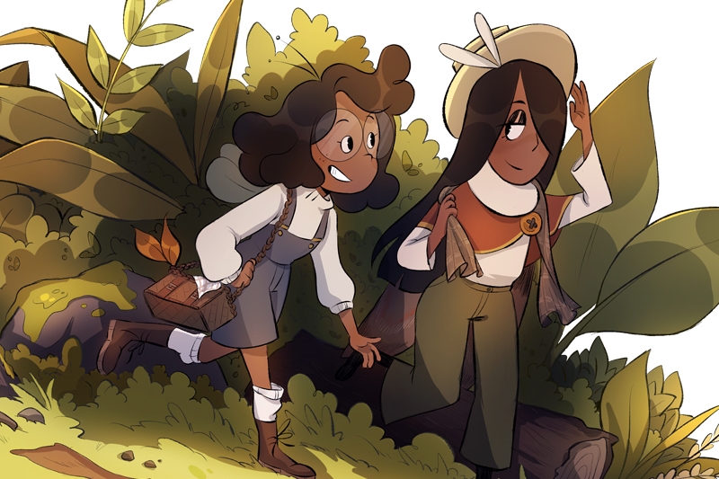 Animation of two characters talking as they walk through nature