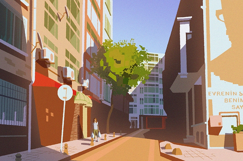 Animation of a city street with the sun creating light and shadow