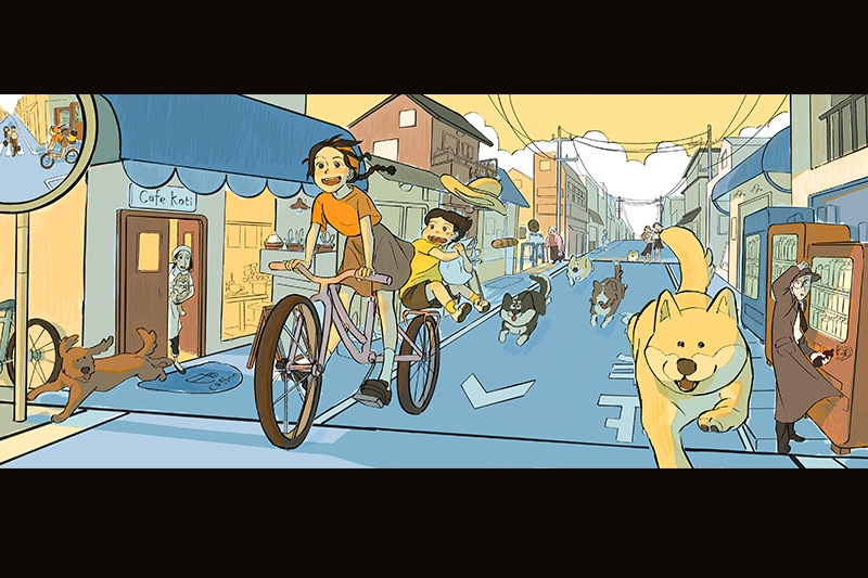 Animation of two characters on a bike with dogs following behind them