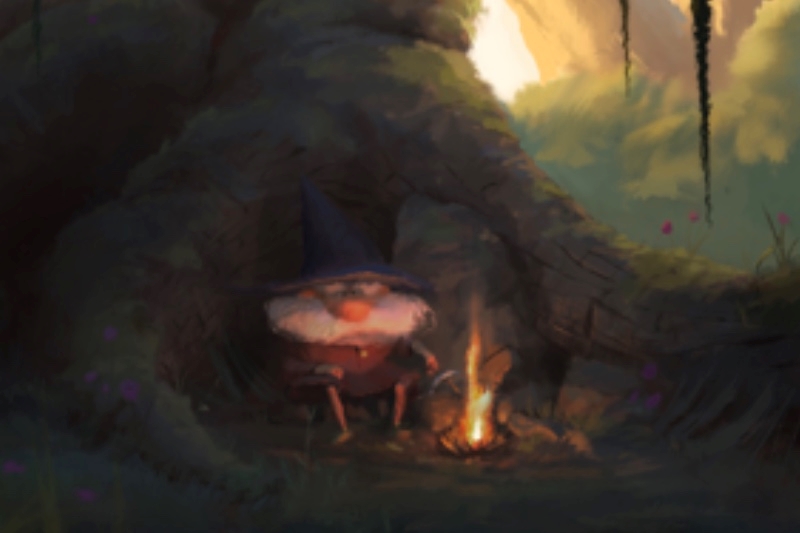 Animation of an old bearded man having a fire along the stump of a tree