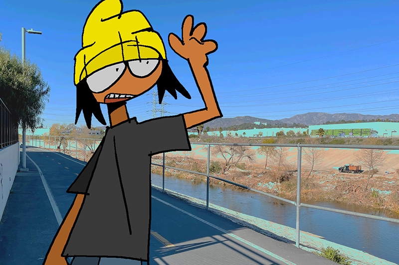 Animated character shown with a photo background of a bikepath