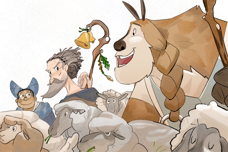 Animation of a character with a group of animals in front of them