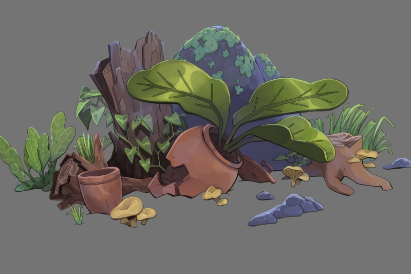 Animation of a broken potted plant along the stump of a tree