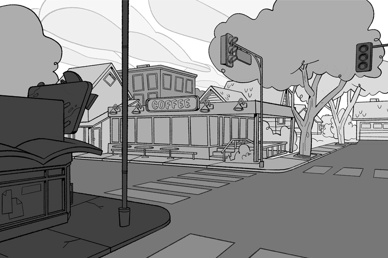 Black and white animation of a coffee shop on a city street