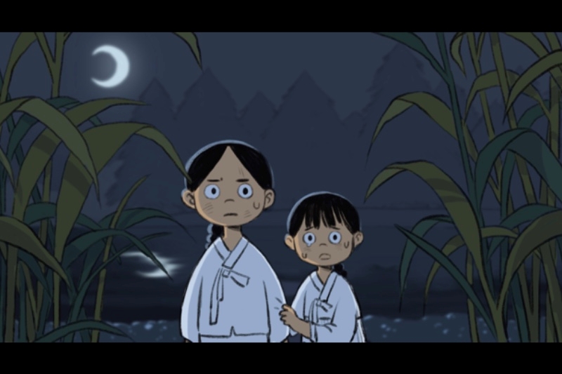 Animation of two characters in front of a body of water near some crops