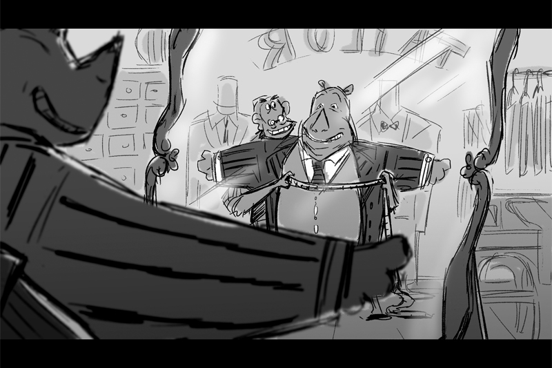 Black and white animation of an animal character trying on a suit