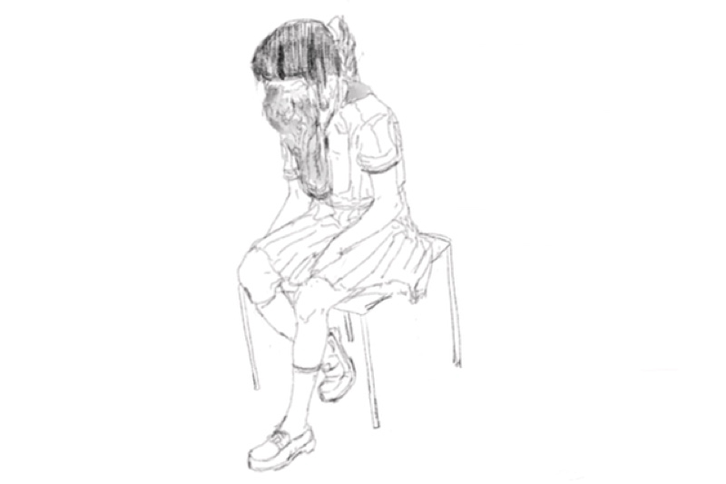 Black and white animation of a character sitting on a chair