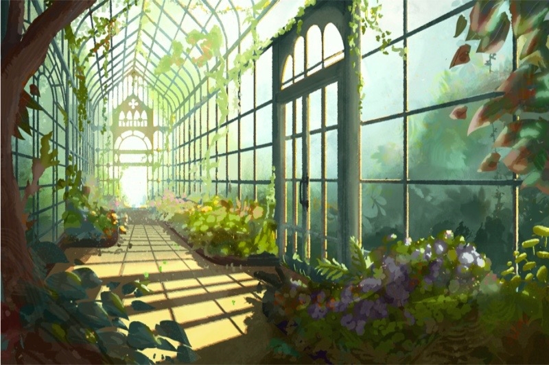 Animation of a greenhouse with a variety of plants and trees throughout it