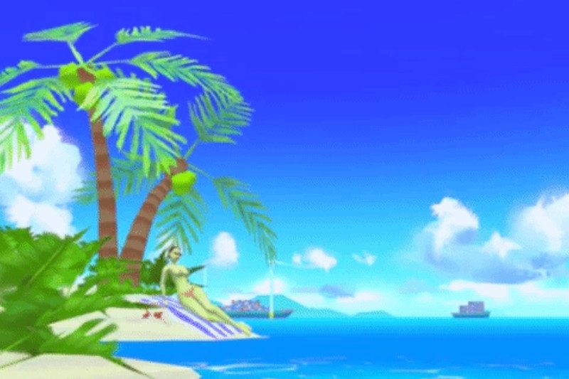 Animation of two islands on the ocean with a character laying on a beach