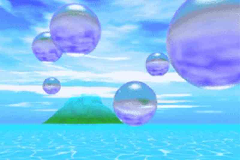 Animated bubbles floating over water near an island