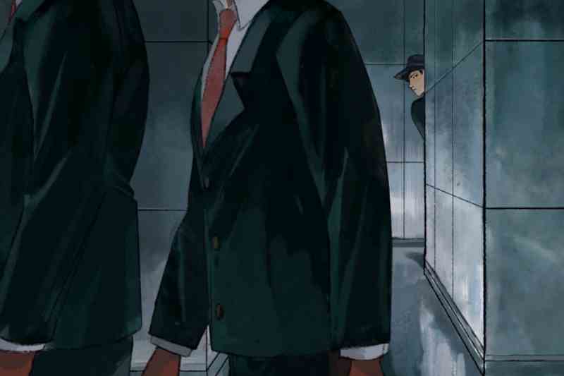 Animated character spying on people in suits