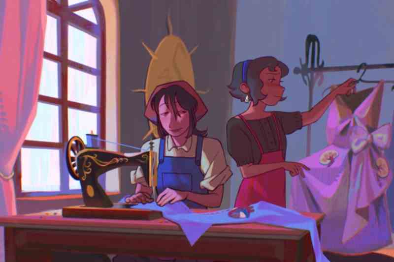 2 woman, one on a sewing machine