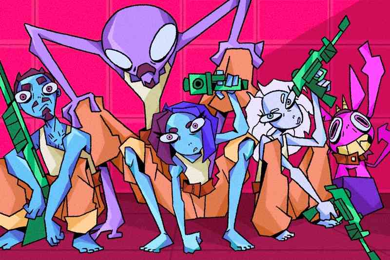 large alien and people with guns