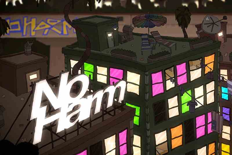 "no ham" sign on building with colorful windows