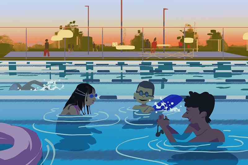 3 animated characters wading in swimming pool lane