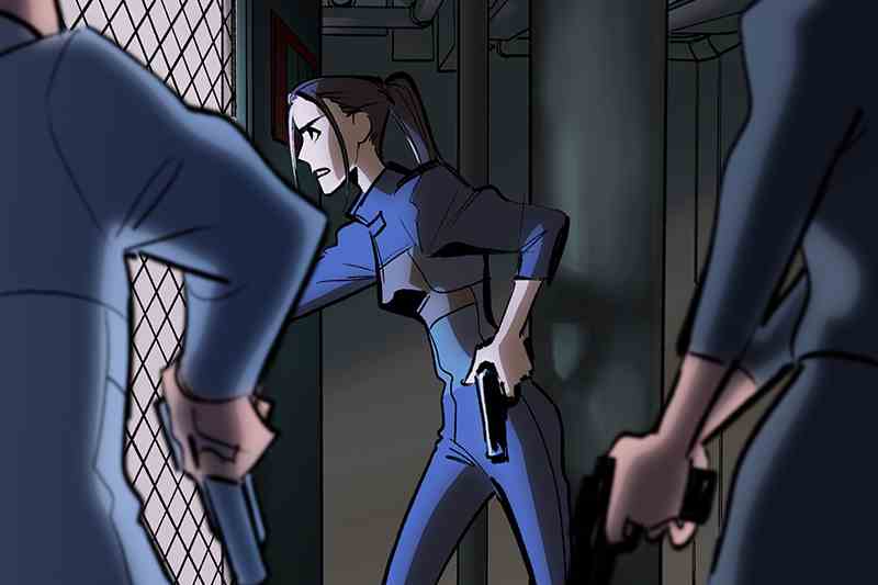 Animated woman standing near a fence with a gun