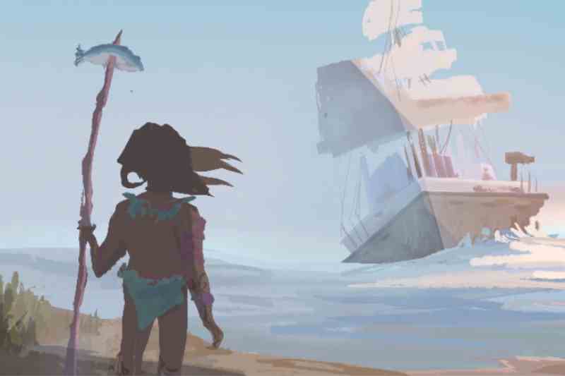 Animated character on a beach looking at a ship on the ocean