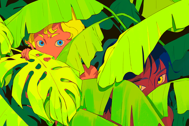 Animated characters hiding behind plant