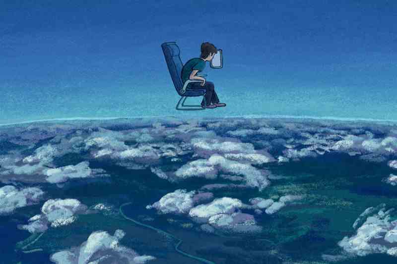 Animated character above the clouds looking through a window