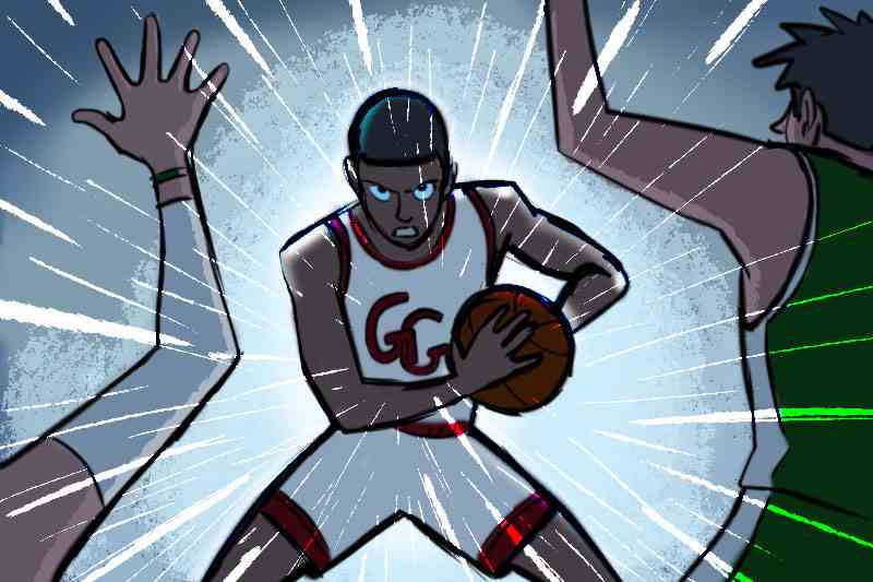 cartoon character basketball player facing defenders