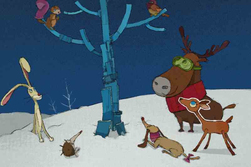 Animated animals gathered around a Christmas tree