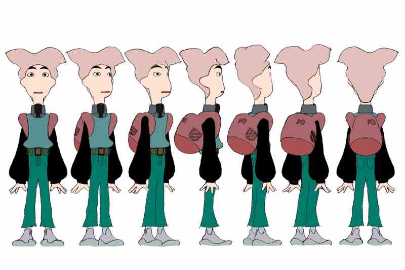 Animated Character With Pink Hair and Backpack from Multiple Angles