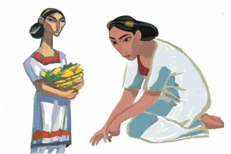 Two characters one holding basket with objects in it, the other kneeling down