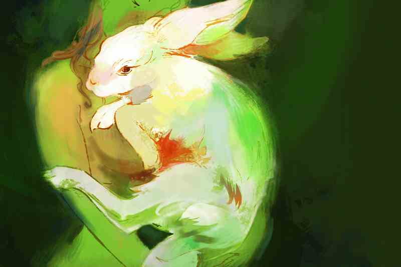 Animated Rabbit in the Arms of someone out of frame with a green hue